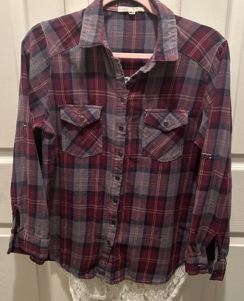 Hint Of Mint Womens XL Long Sleeve Plaid Flannel Shirt W/Lace On The Back